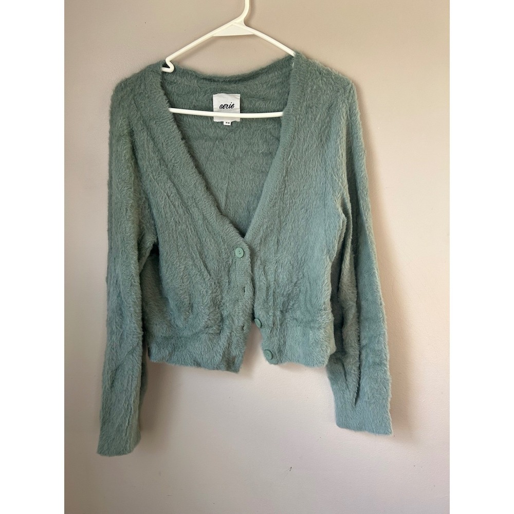 Aerie Fuzzy Cropped Cardigan Sweater Soft Fuzzy Sleeve M‎ Normcore Lounge Plush